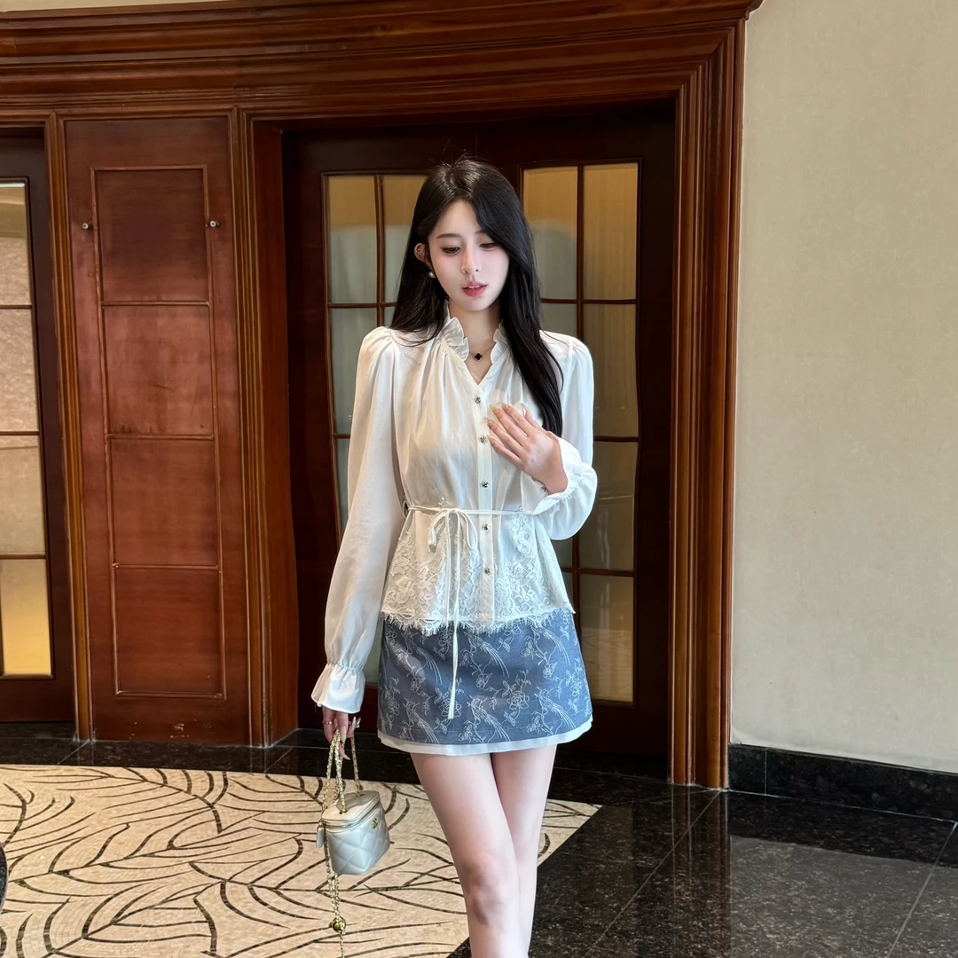 YUANLIANSU/圆脸酥【竹韵清音】蕾丝拼接绑带收腰衬衫+半身裙两件套