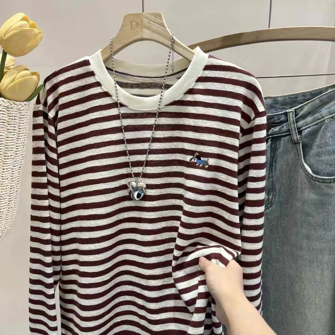 胖mm正肩大码复古条纹刺绣小狗长袖t恤女秋季2025新款ins显瘦上衣