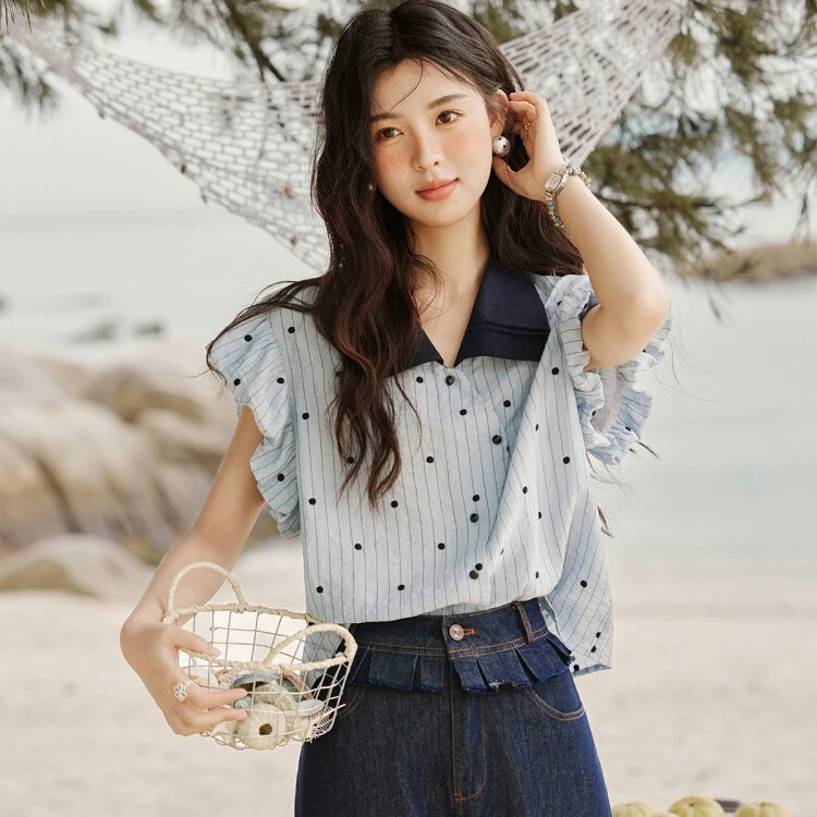 波点衬衫女2025夏显瘦上衣设计感独特别致短袖衬衣航海系