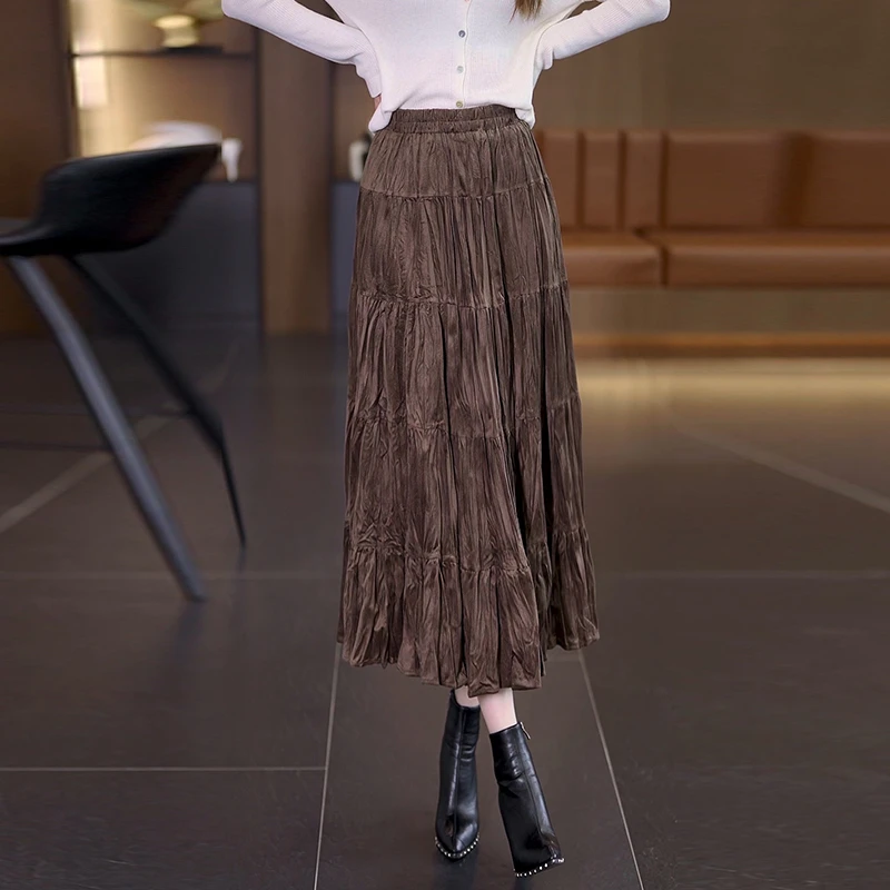 拉夏贝尔时尚半身裙女春秋2025新款高腰垂感a字大摆褶皱蛋糕伞裙