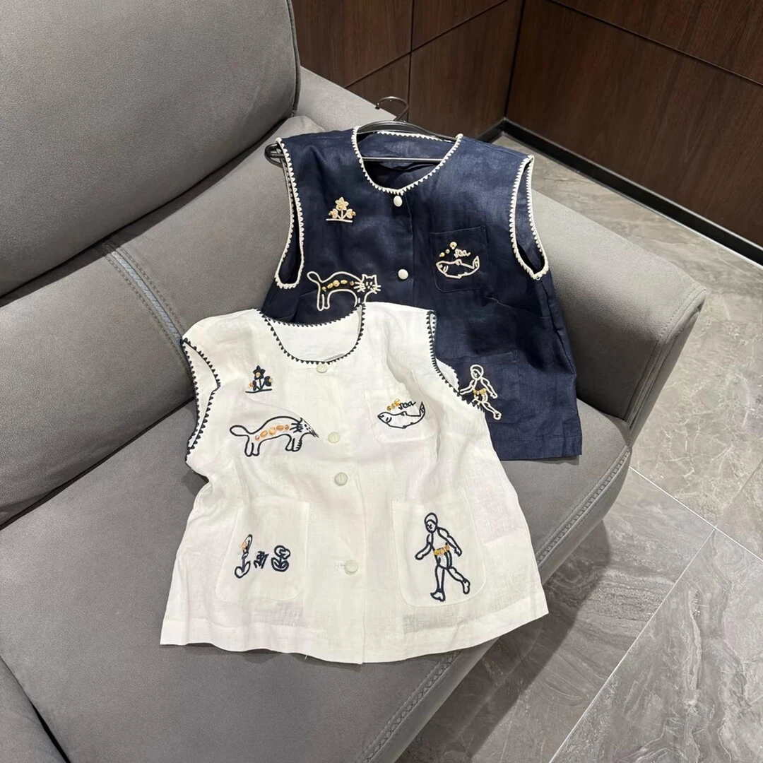 欧洲站2025早秋新款卡通动物刺绣马甲女时髦洋气单排扣无袖背心潮