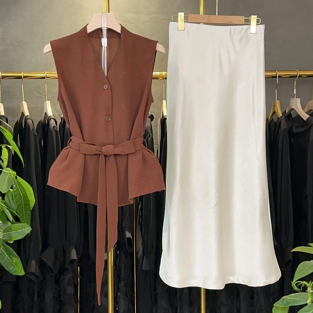 【三件套】时尚套装2025夏季夏款休闲显瘦上衣+半身裙+腰带套装M328