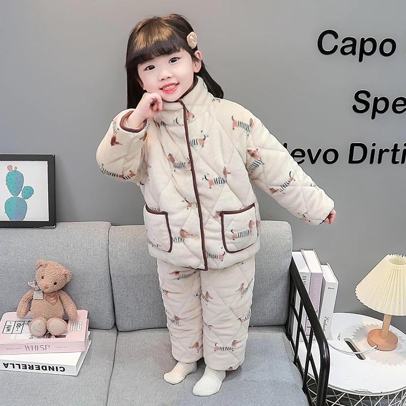 女童睡衣秋冬款珊瑚绒三层夹棉加厚小女孩宝宝冬季儿童家居服套装