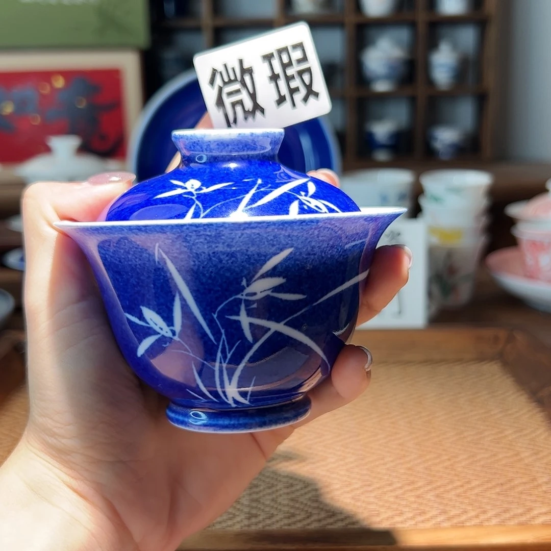 【闪购商品】微瑕 手绘  洒蓝。盖碗