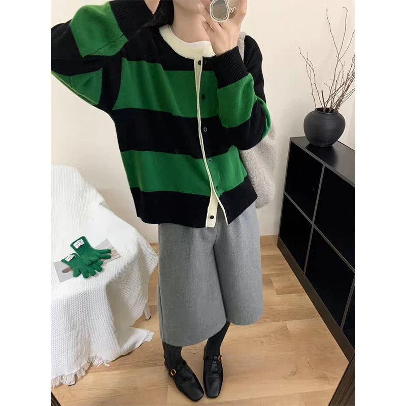 【绿条纹撞色开衫】松弛慵懒感条纹撞色针织开衫