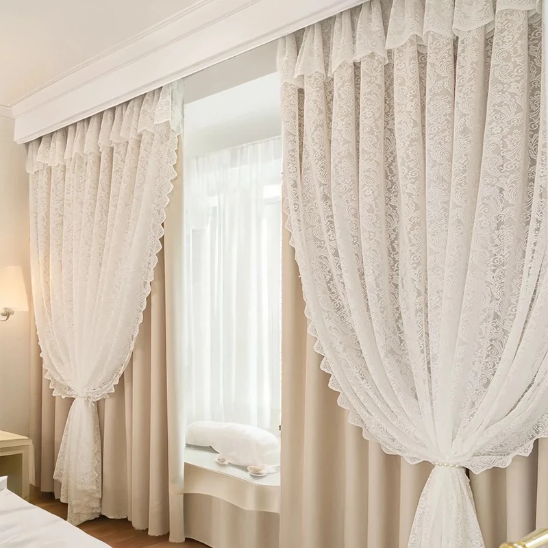 布纱一体奶油色成品窗帘6米对开打孔，高度2.47