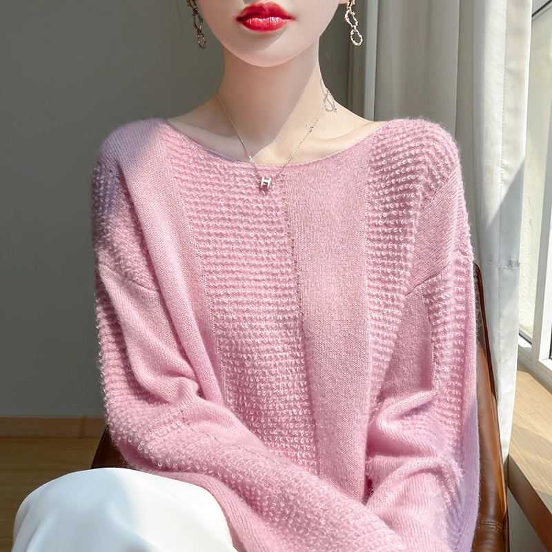 濮院羊绒衫丝绒混纺羊绒毛衣毛巾绣针织丝绒衫冬季打底衫宽松上衣