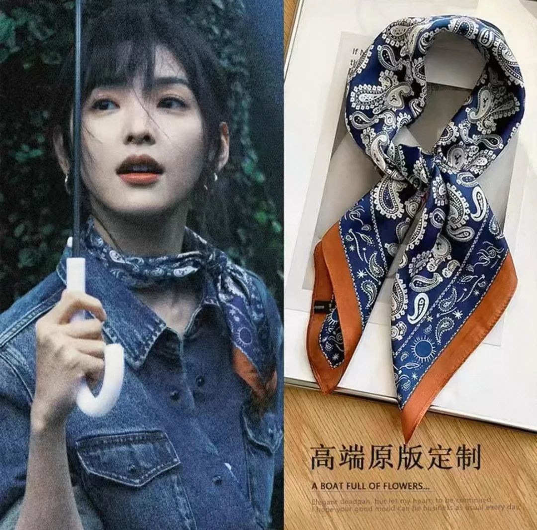 （984）极简风复古风腰果花丝巾蓝色百搭复古民族风休闲围巾70*70