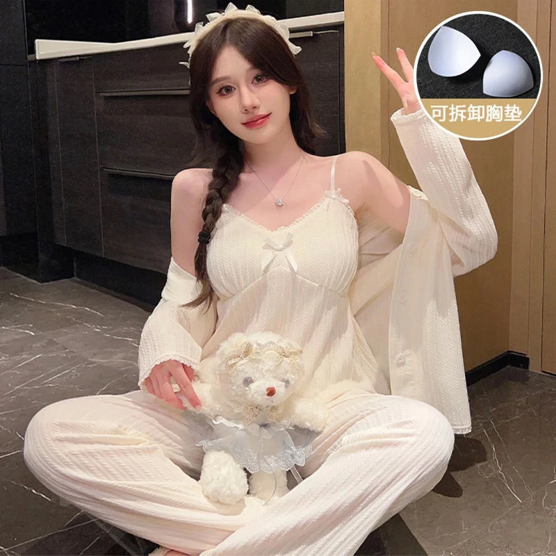 睡衣女春秋长袖三件套带胸垫韩版甜美休闲性感宽松吊带时尚家居服