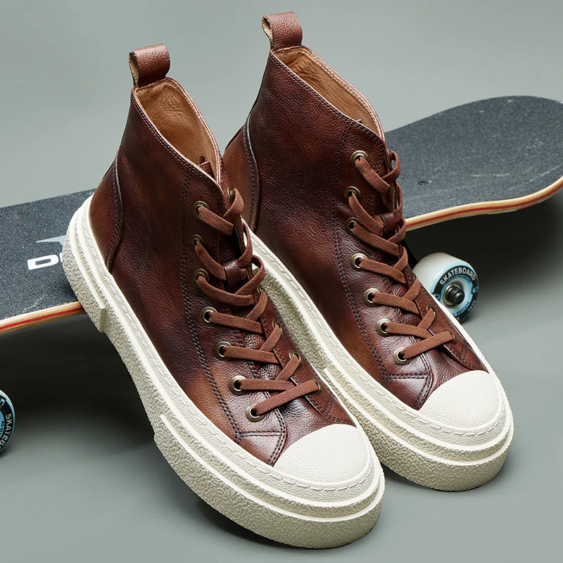 厚底高帮鞋潮流男士真皮板鞋百搭时尚春夏运动休闲复古男鞋短靴