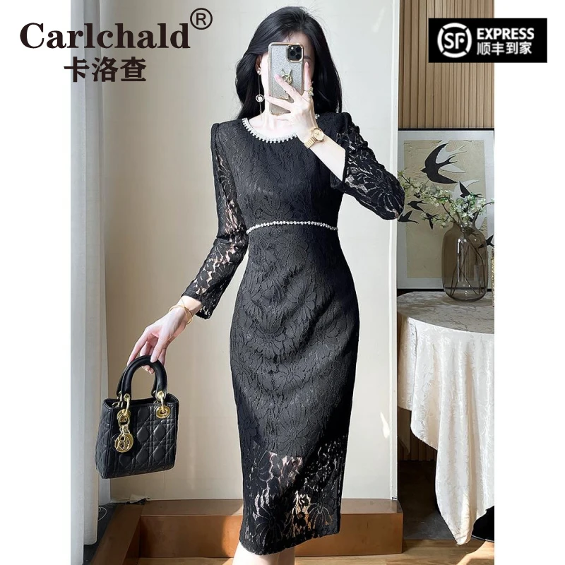 CARLCHALD卡洛查蕾丝连衣裙2025新妇女的春天优雅利基腰身修身看