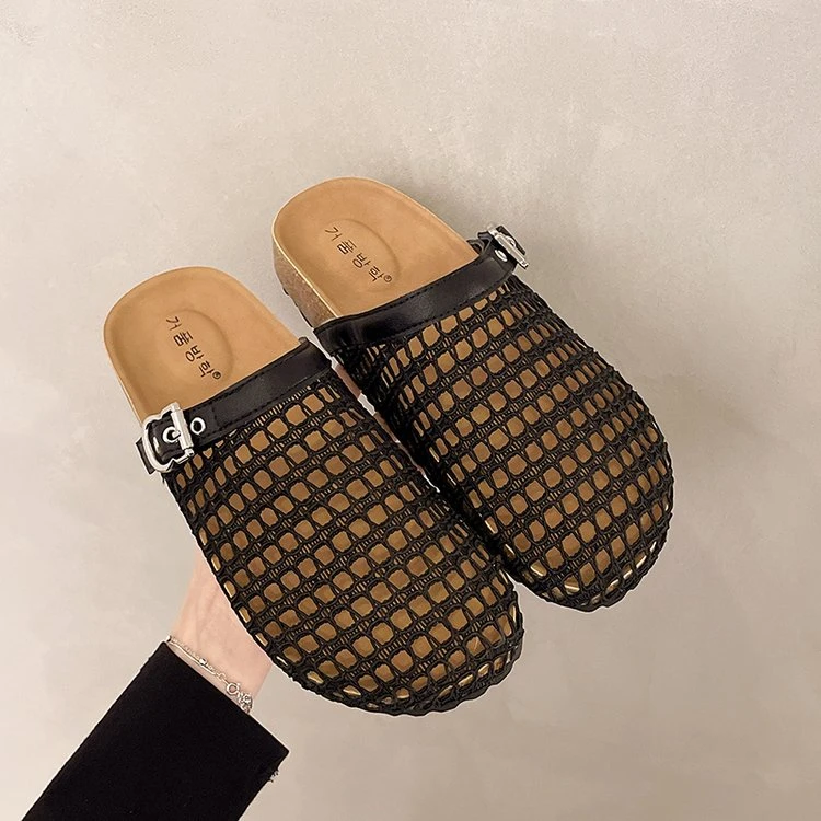 2025夏季新款包头拖松糕底跟底橡胶鞋底包头网布帮面时尚休闲百搭