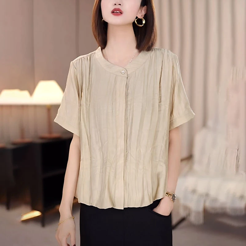 女士时尚休闲短袖亚麻衬衫夏季2025新款宽松显瘦遮肚子高级感上衣