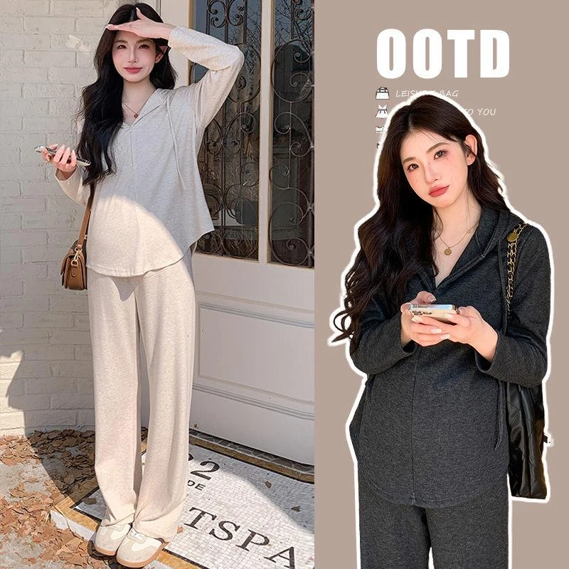 孕妇装秋装韩版慵懒风宽松遮肚子半拉链连帽上衣托腹休闲裤两件套