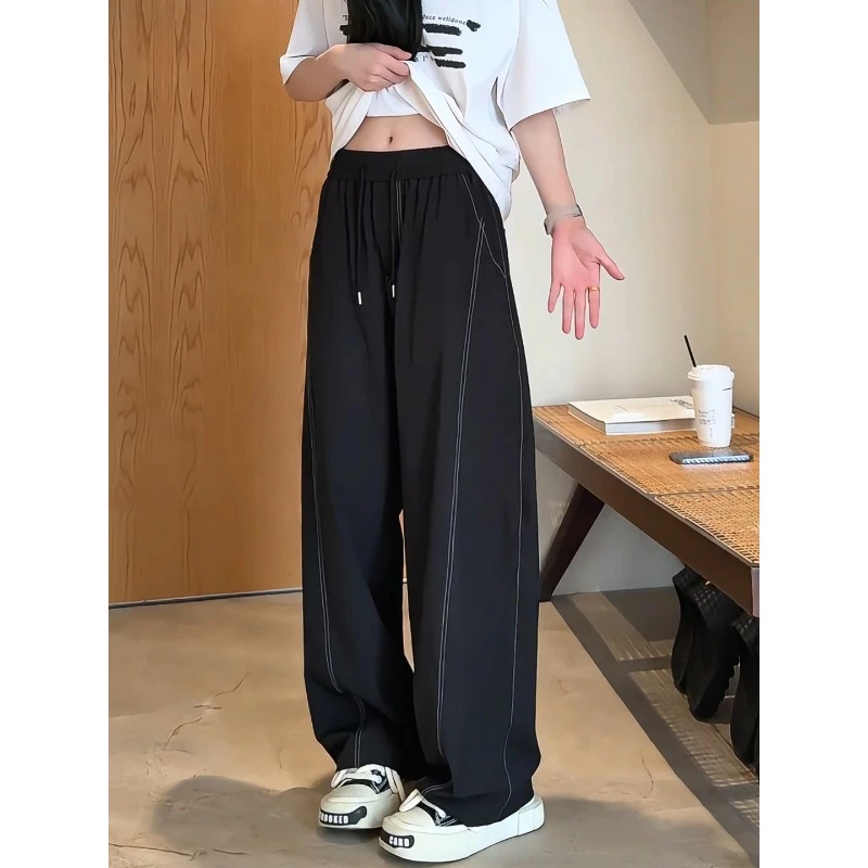 美式复古辑明线弯刀阔腿裤男款夏季冰丝速干垂感休闲裤宽松直筒裤