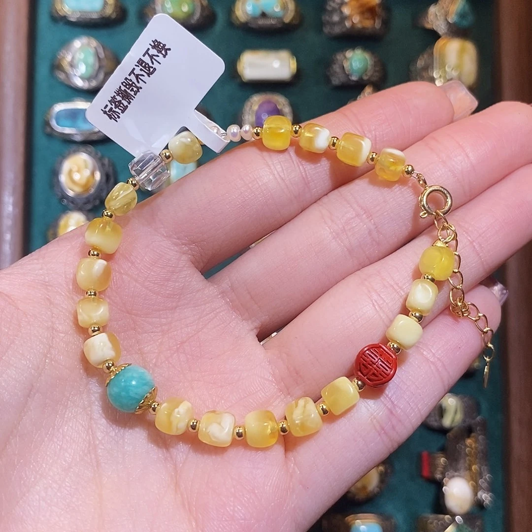 琥珀手链银S925镀金镶嵌手链