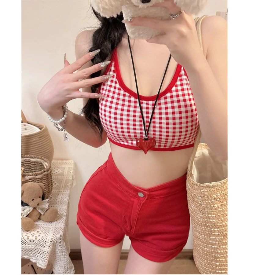 林夏夏~辣妹格子比基尼挂脖抹胸女内搭带胸垫短款背心