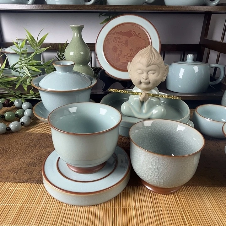 瓷摆件天青+冰花主人杯一级带礼盒