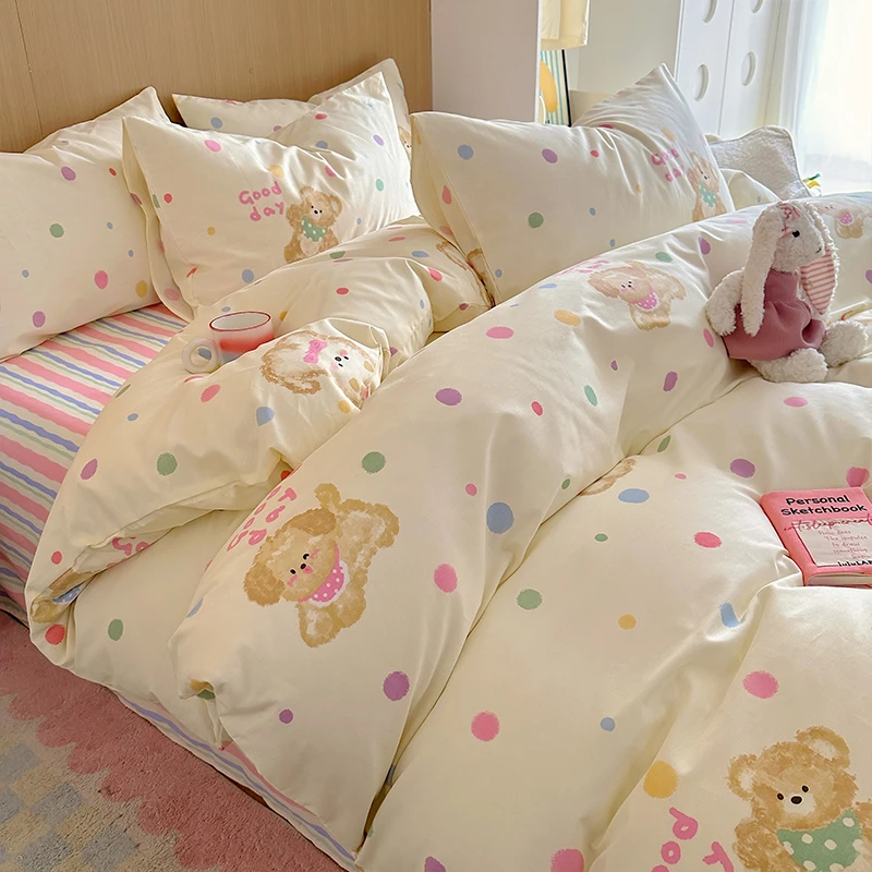 卡通风欢乐小熊床上四件套纯棉100%全棉被套床单床笠四季通用床品