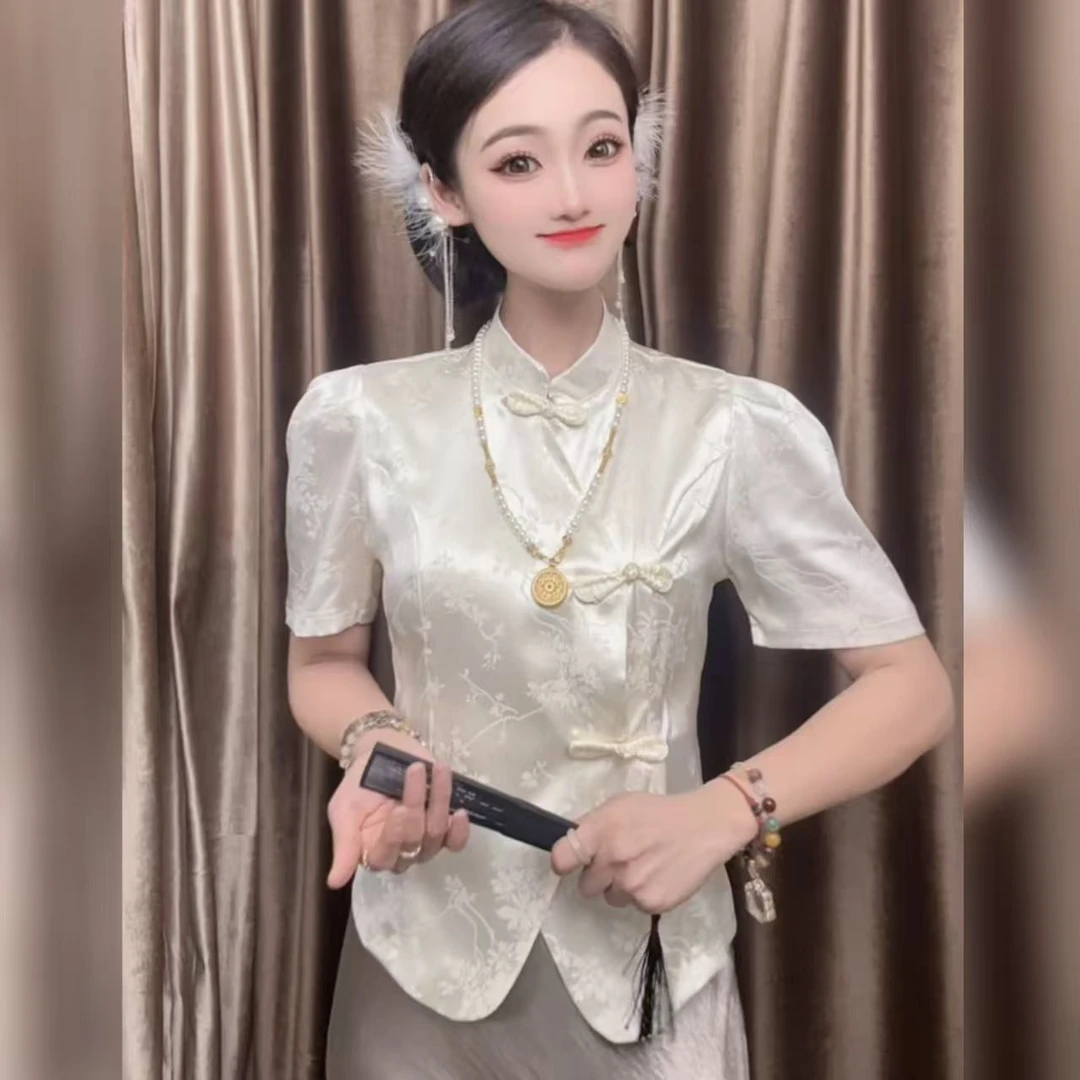 新中式夏季高级感法式衬衫女斜襟立领短袖衬衣提花短袖上衣9155