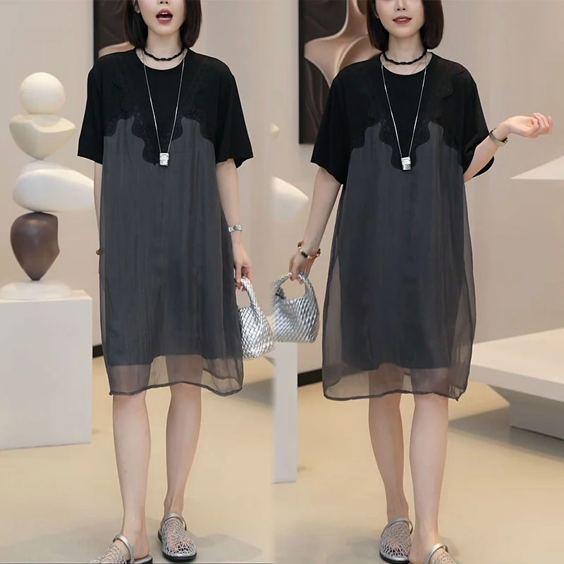 夏季新款气质休闲圆领设计感中长裙宽松时尚显瘦大码中长款连衣裙