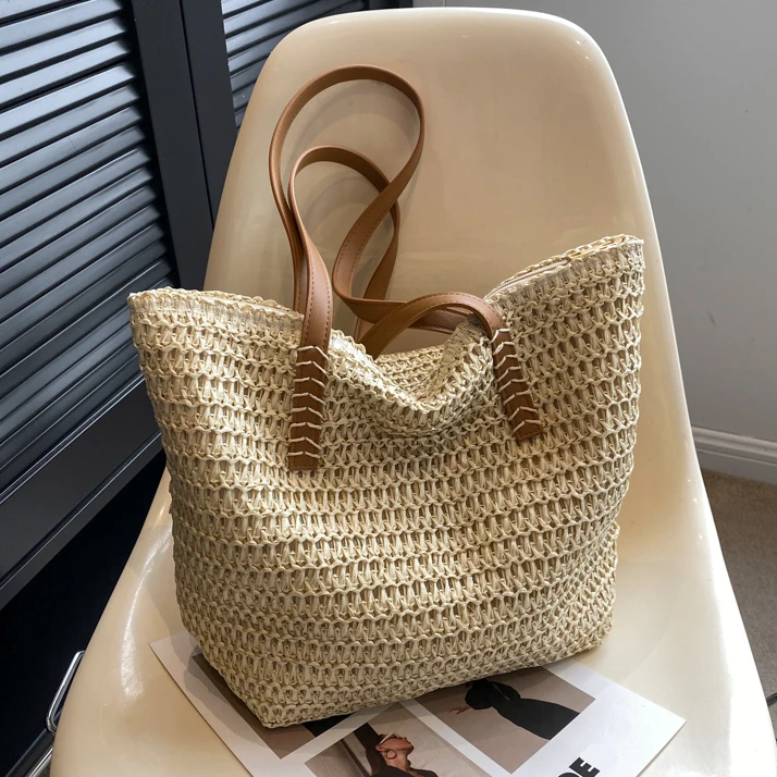 春夏简约大容量草编包包女2025新款百搭通勤单肩包爆款编织托特包