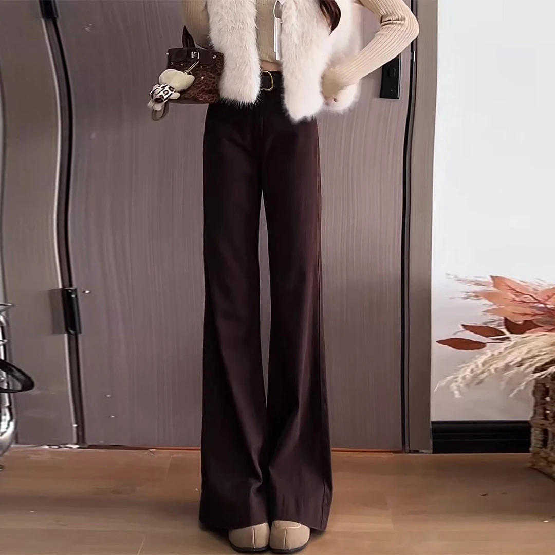 2025秋冬新款厚实美拉德咖色舒适裤女高腰显瘦小个子窄版阔腿牛仔