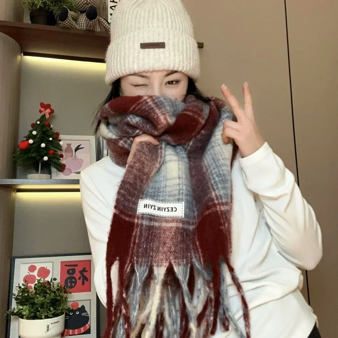 海盐草莓奶咖格子格纹百搭流苏围巾4-12-19