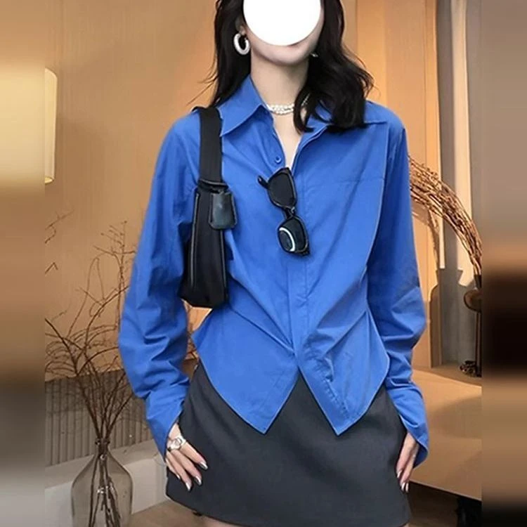 IU微胖MM克莱因蓝色衬衫女修身叠穿设计感小众收腰上衣长袖衬衣