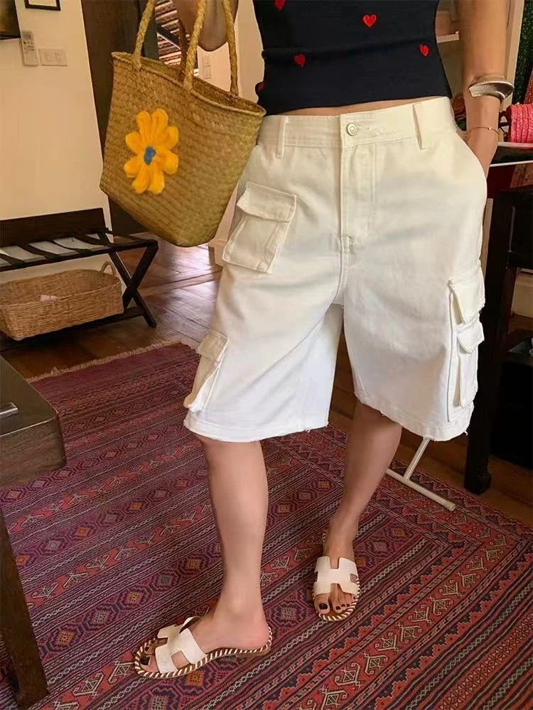 8027工装牛仔裤女2025年新款白色小个子宽松阔腿裤高腰短裤