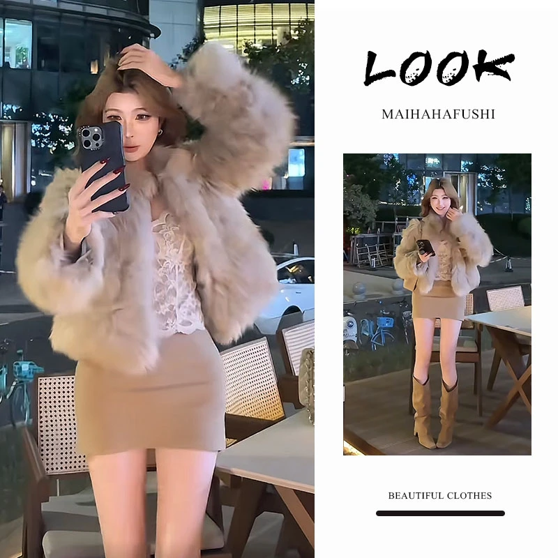 冬季一整套女装2025新款韩版保暖毛绒外套蕾丝吊带包臀裙两件套装