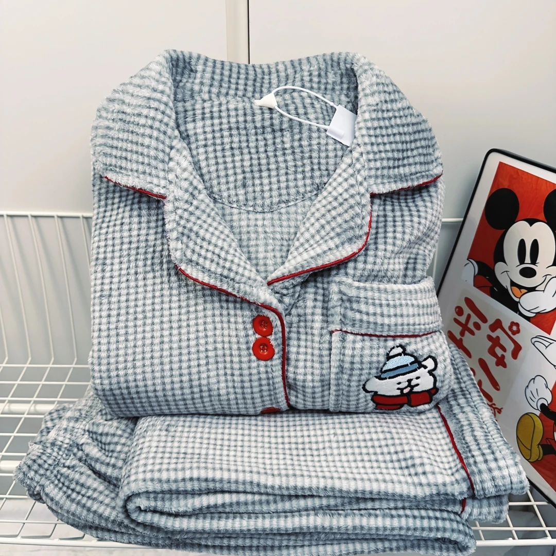 开衫长袖珊瑚绒睡衣女秋冬季加厚保暖可爱法兰绒套装家居服