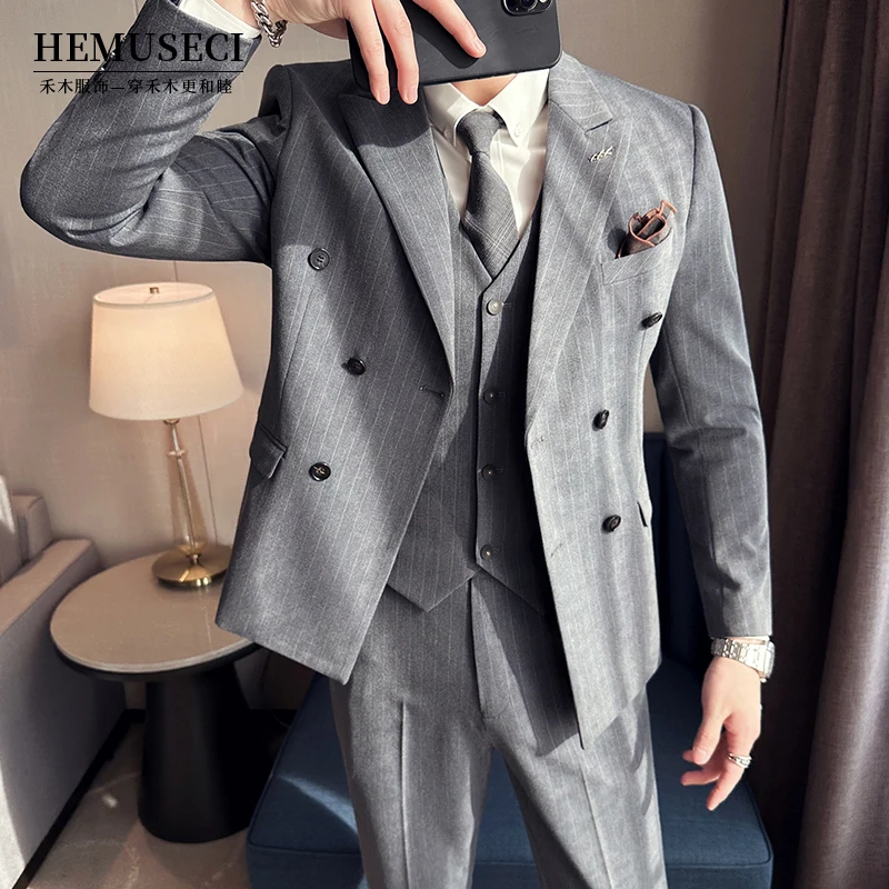 男士条纹外套西装休闲潮流套装修身商务韩版双排扣西服男帅气礼服