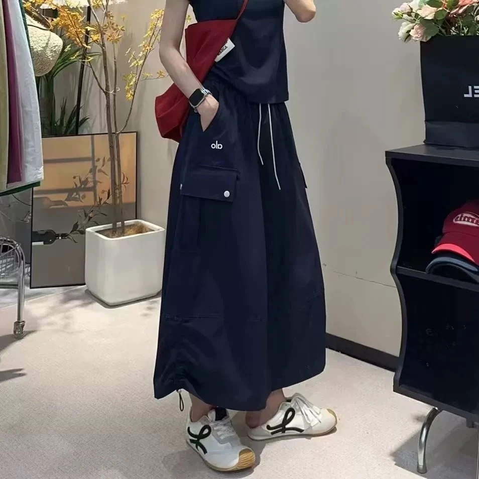 下摆抽绳工装半身裙女高腰宽松口袋长裙1012