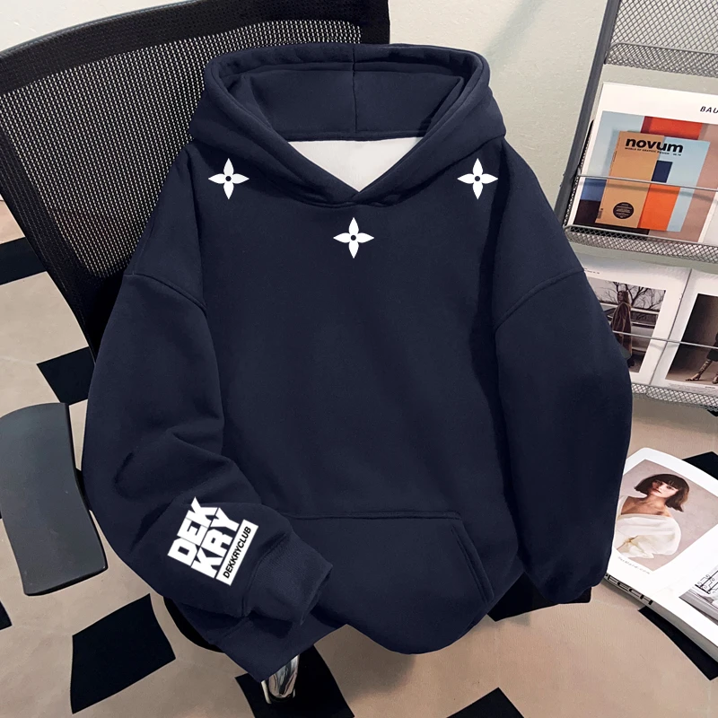 Dekkry时尚潮酷字母印花秋冬藏青色连帽卫衣男女加绒套头宽松上衣