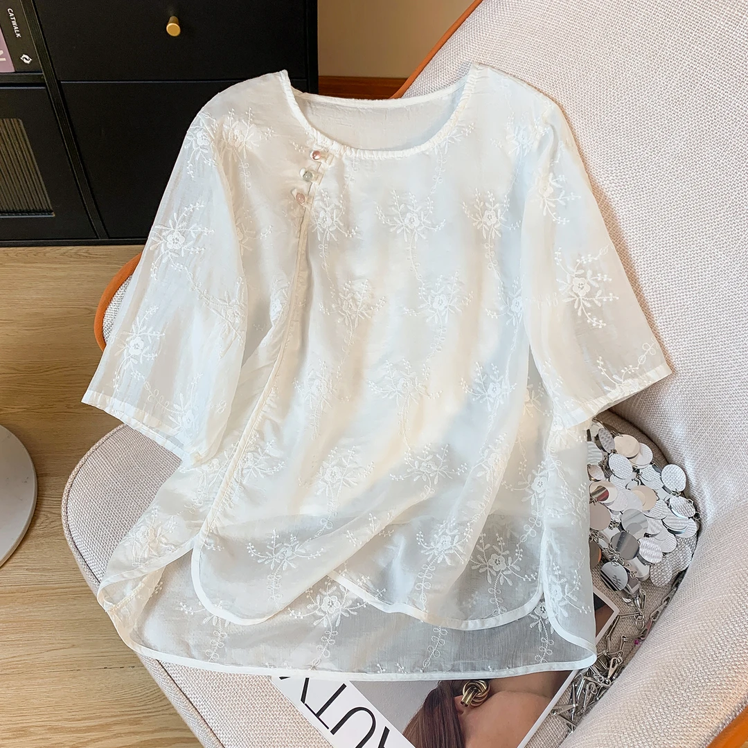 微胖妹妹大码新中式斜襟提花短袖衬衫女夏季国风高级独特小衫上衣