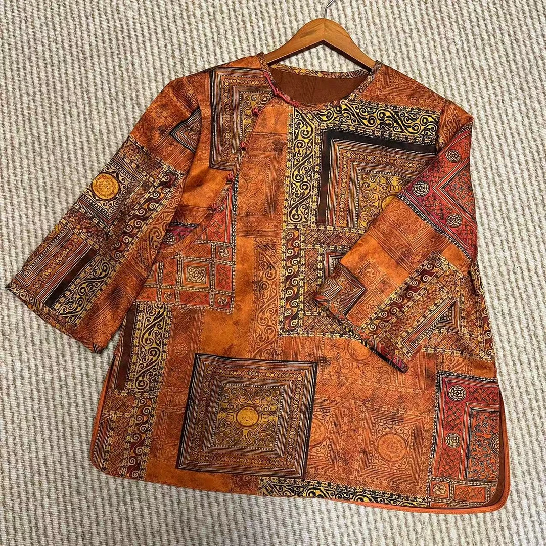 【天裔国风】真丝红云纱圆领中袖上衣