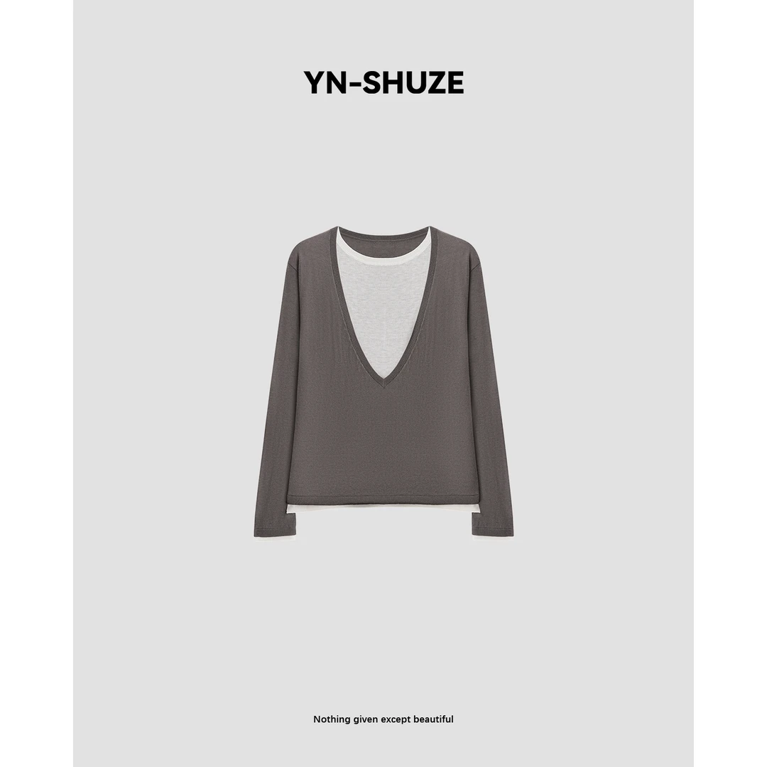 YN-SHUZE【慵懒法则】假两件羊毛拼接撞色V领长袖毛衫SZ-YNB-TX0148