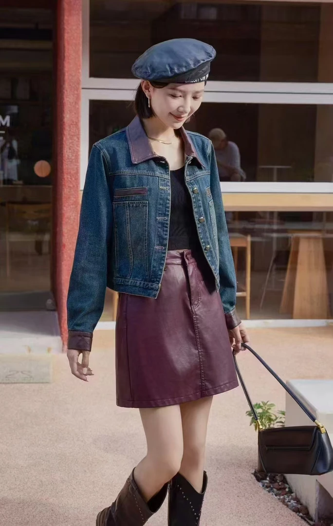 906#拼色翻领牛仔外套女时尚气质休闲百搭短款显瘦潮流春秋新款