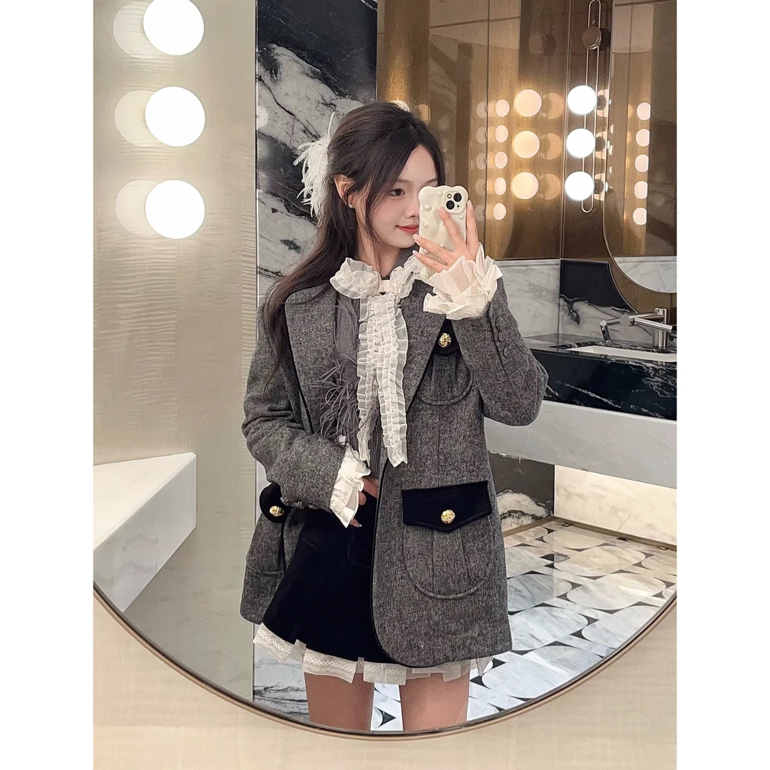 【DÉ MYSTÈRE】拉家秋季摩登毛呢千金风撞色西装外套上衣女GZJ68218