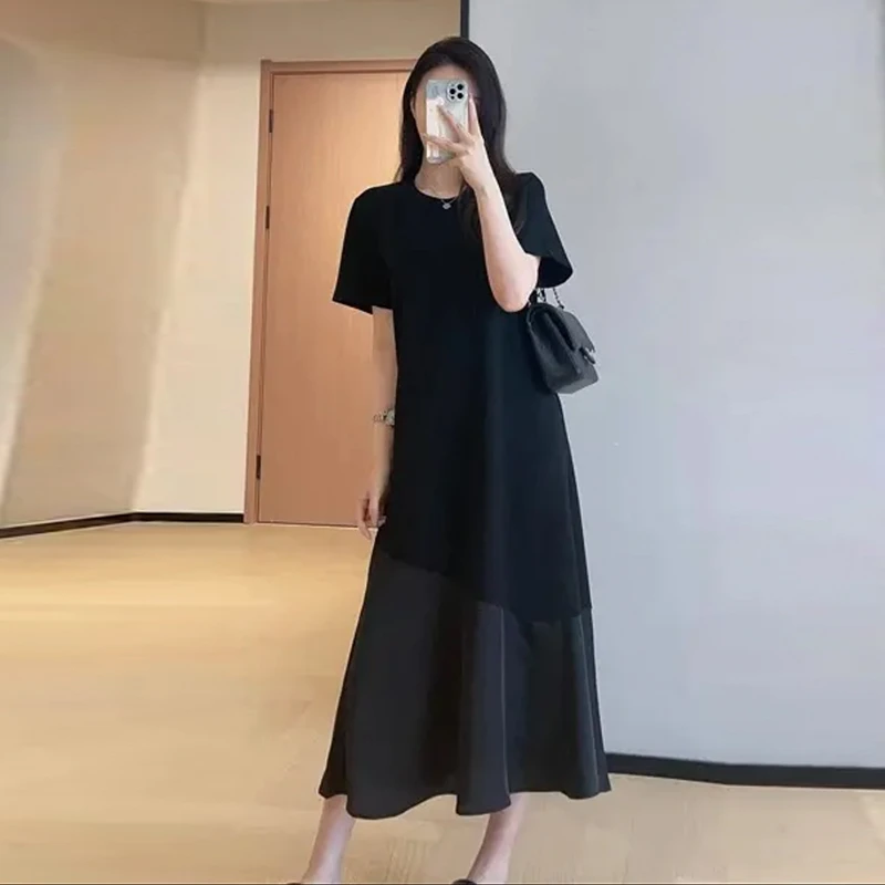 大码宽松黑色长款鱼尾裙2025夏季新款微胖设计感长裙高端连衣裙女