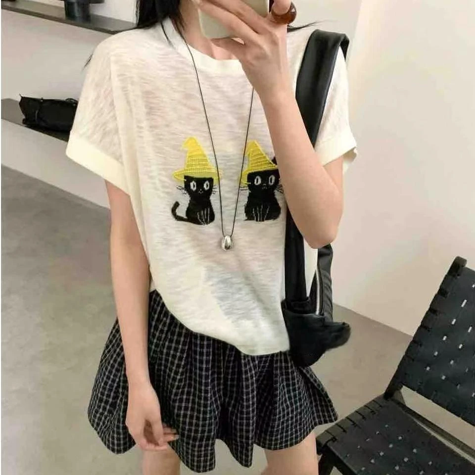 27017黄帽小黑猫圆领针织衫短袖甜美减龄时尚百搭夏季女
