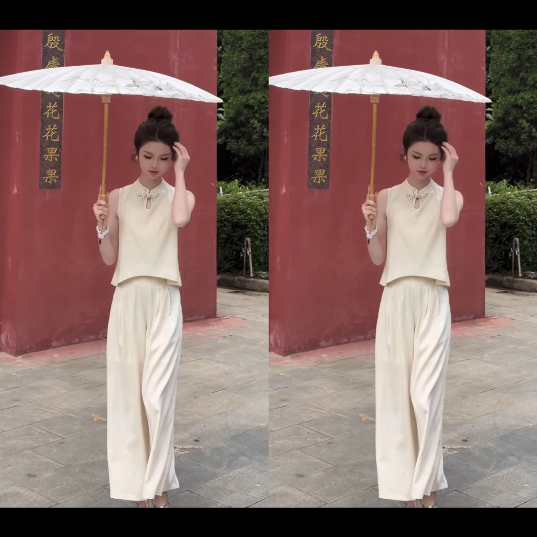 （山黛远）新中式国风立体装饰花盘扣不规则复古显瘦套装