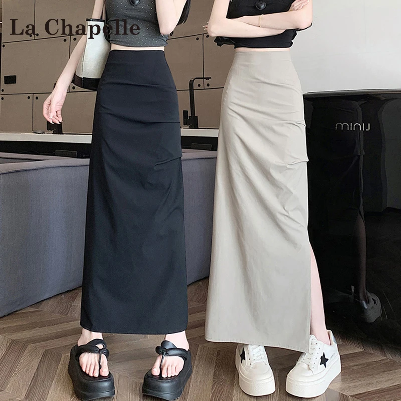 拉夏贝尔侧开叉半身裙女夏2025新款高腰显瘦中长款纯欲#双11好物