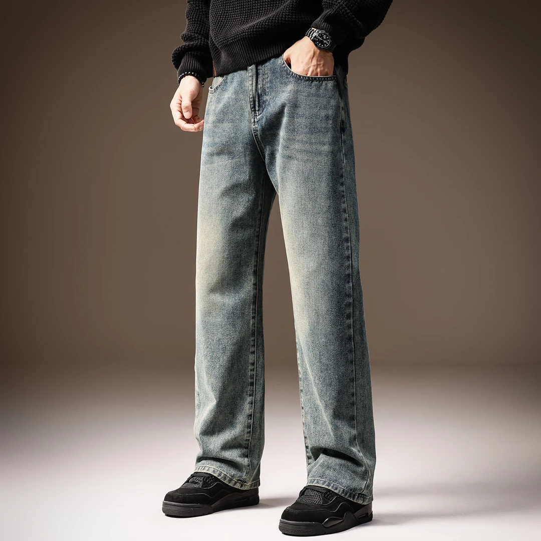 高端美式复古水洗重磅牛仔裤子男士秋季加绒直筒阔腿宽松休闲长裤
