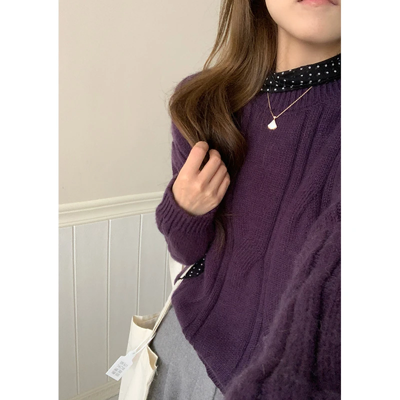 【紫罗兰麻花】小个子加厚慵懒时尚紫色圆领套头毛衣女CK7386