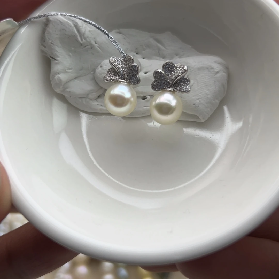 银S925镶嵌耳饰海水珍珠7-8mm海水Ak三叶草耳钉