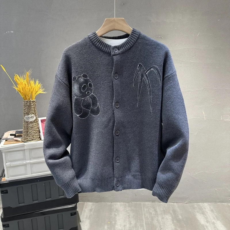 高端订制针织衫休闲宽松百搭复古男士熊猫开衫毛衣开衫秋冬羊毛衫