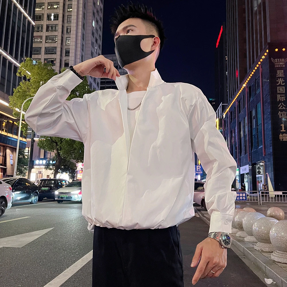 拼接假两件立领长袖T恤男款春秋季宽松休闲体恤2025新款内搭上衣