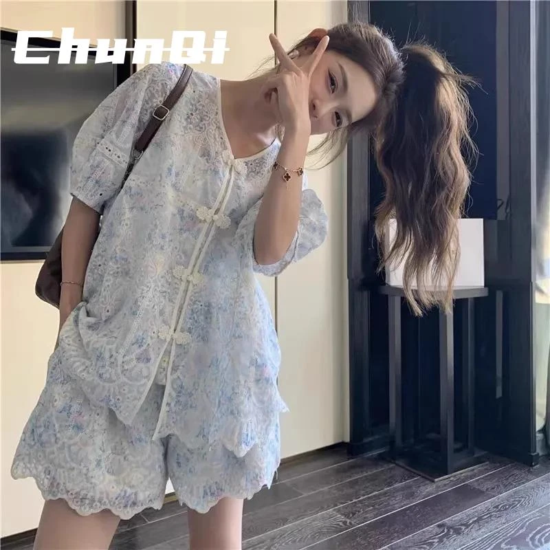 淳启大码新中式国风蕾丝衬衫+短裤套装女夏季胖mm时尚显瘦两件套